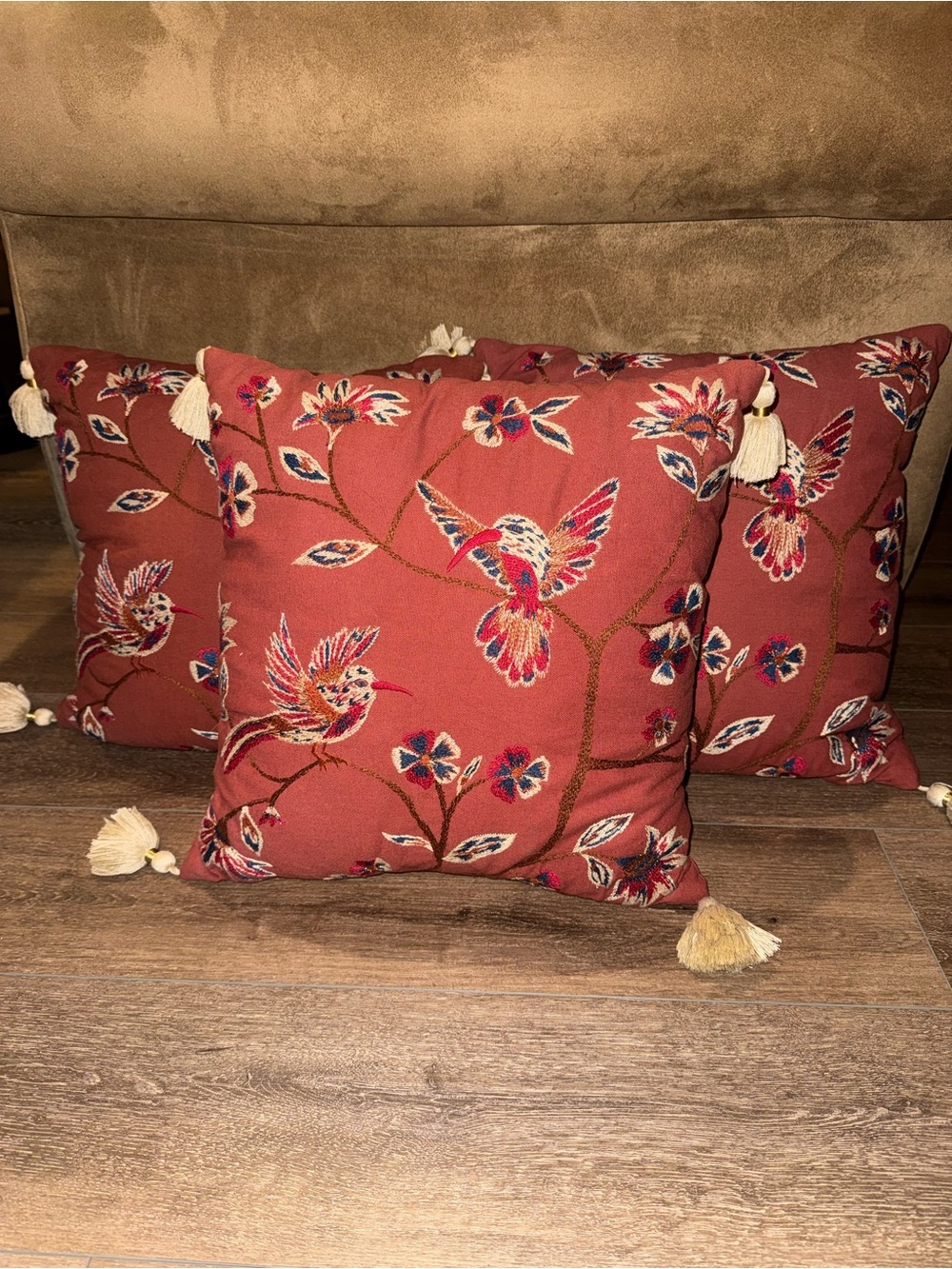 Target Home Accents Rust Red Embroidered Bird Accent Pillow with Tassels - 3